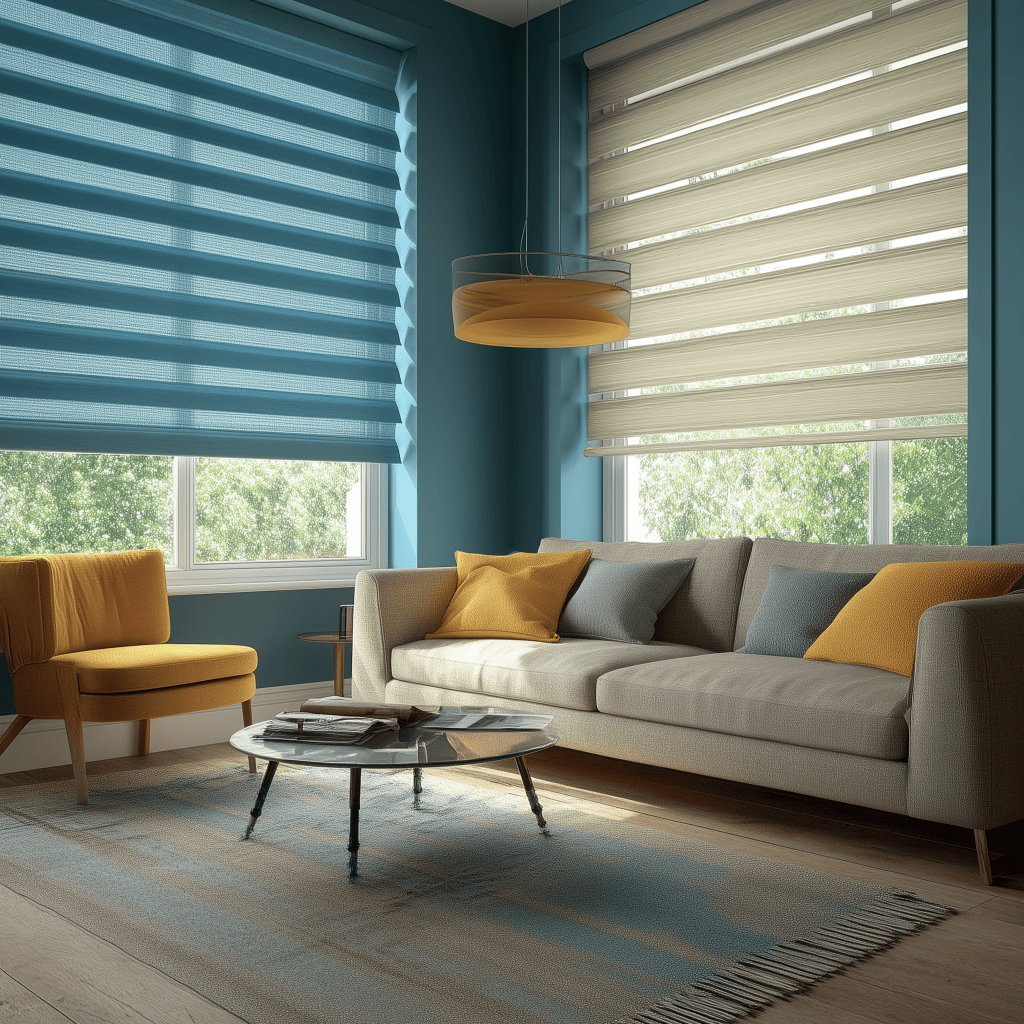 Layered shades filtering light into a living room